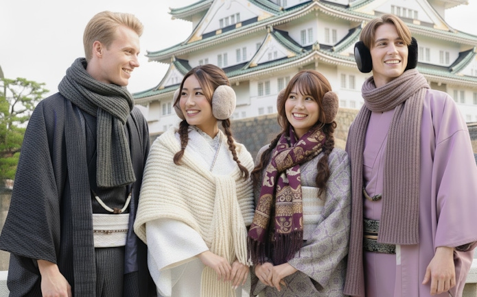 People in traditional Japanese kimonos posing in front of Osaka Castle.
