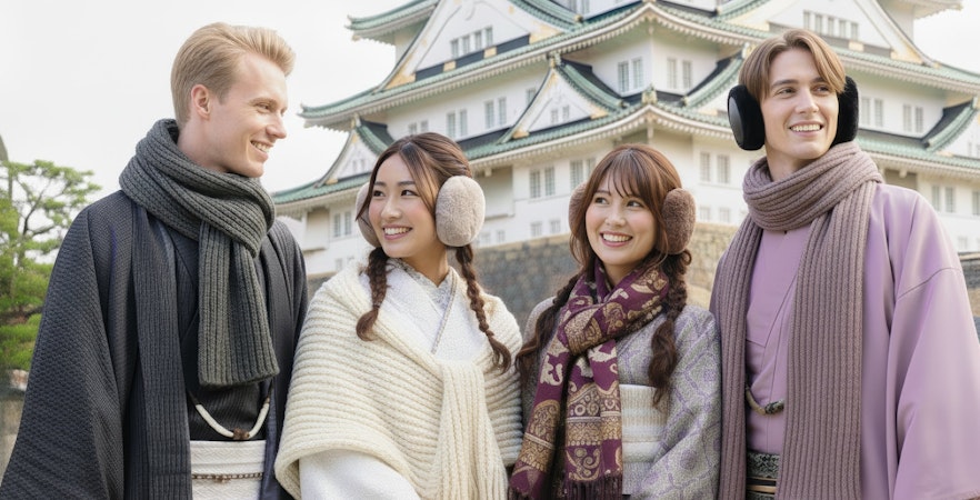 People in traditional Japanese kimonos posing in front of Osaka Castle.
