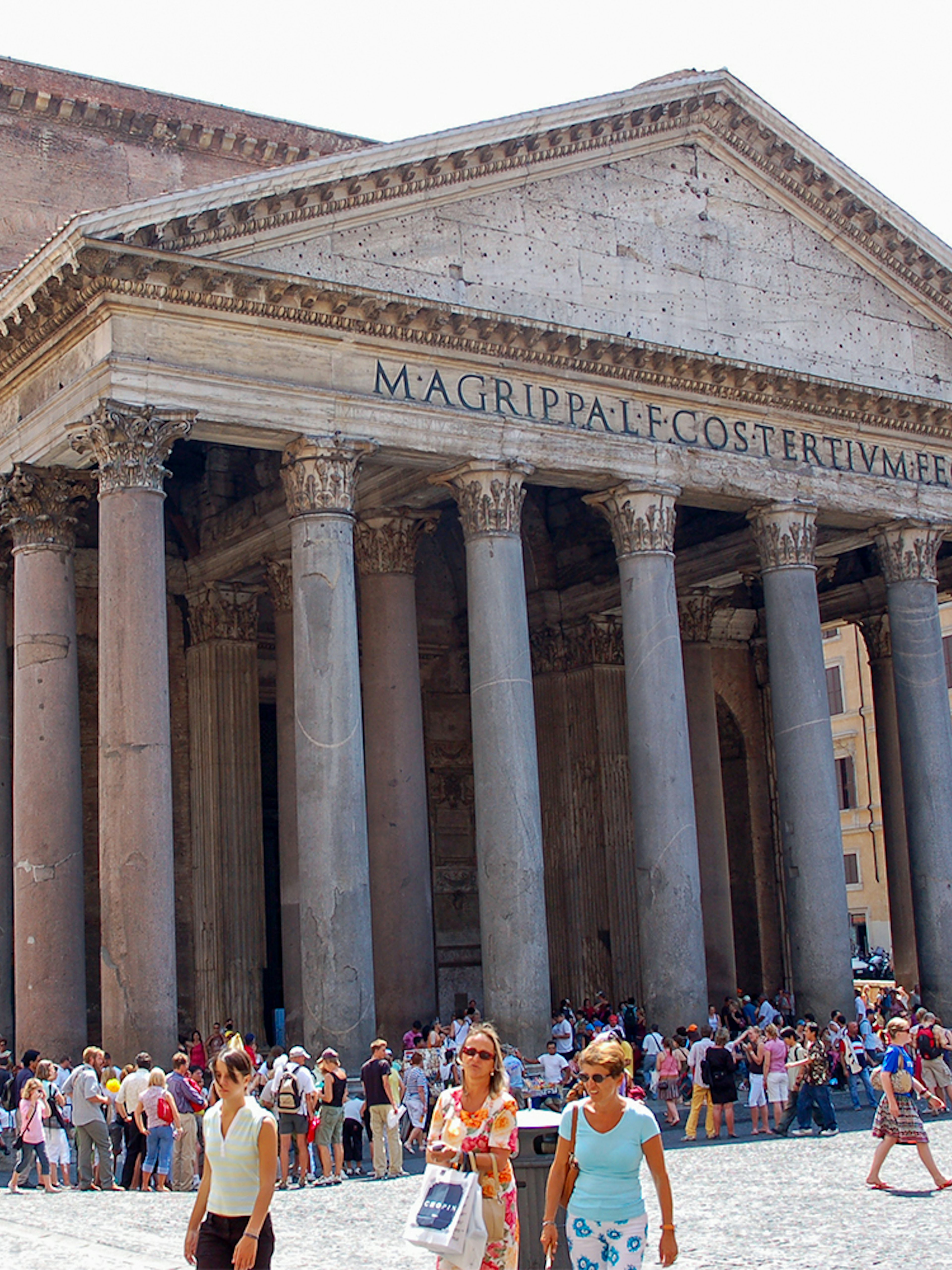 Visitors outside the Roman Pantheon in Rome, Italy.