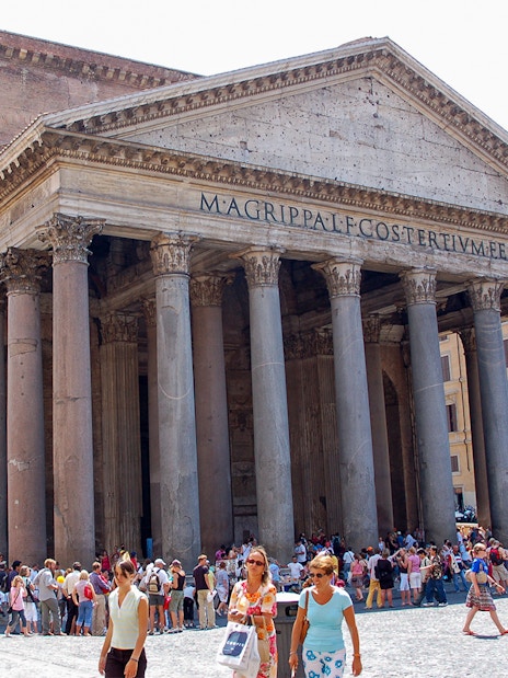 Visitors outside the Roman Pantheon in Rome, Italy.