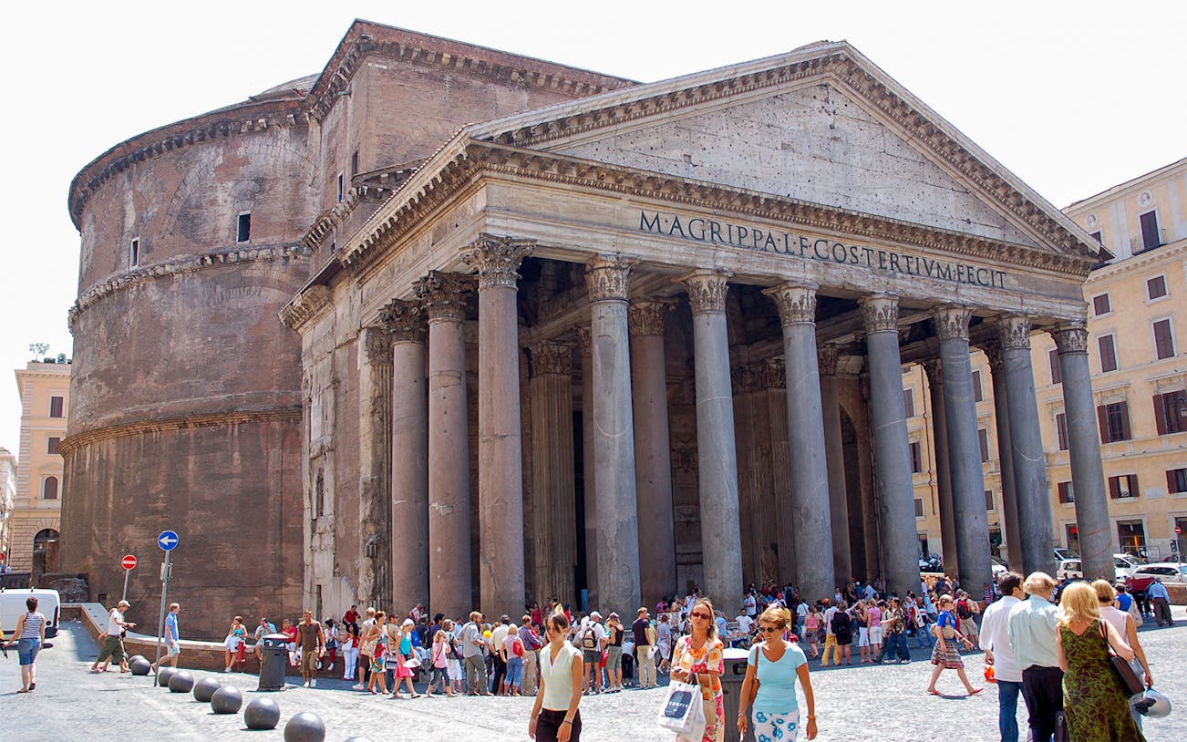 Visitors outside the Roman Pantheon in Rome, Italy.