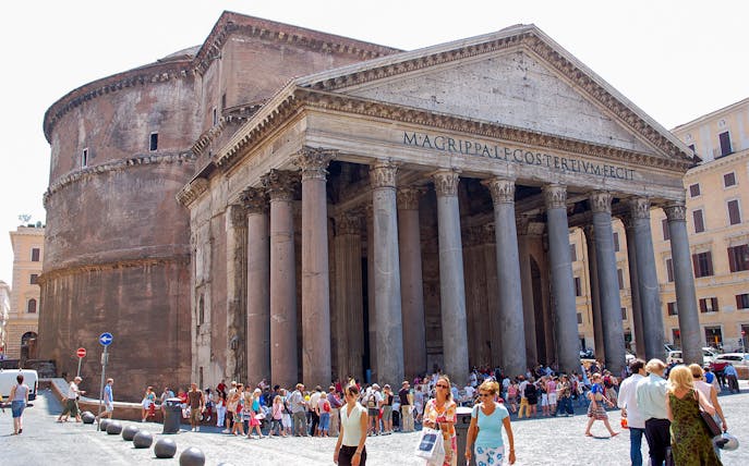 Visitors outside the Roman Pantheon in Rome, Italy.