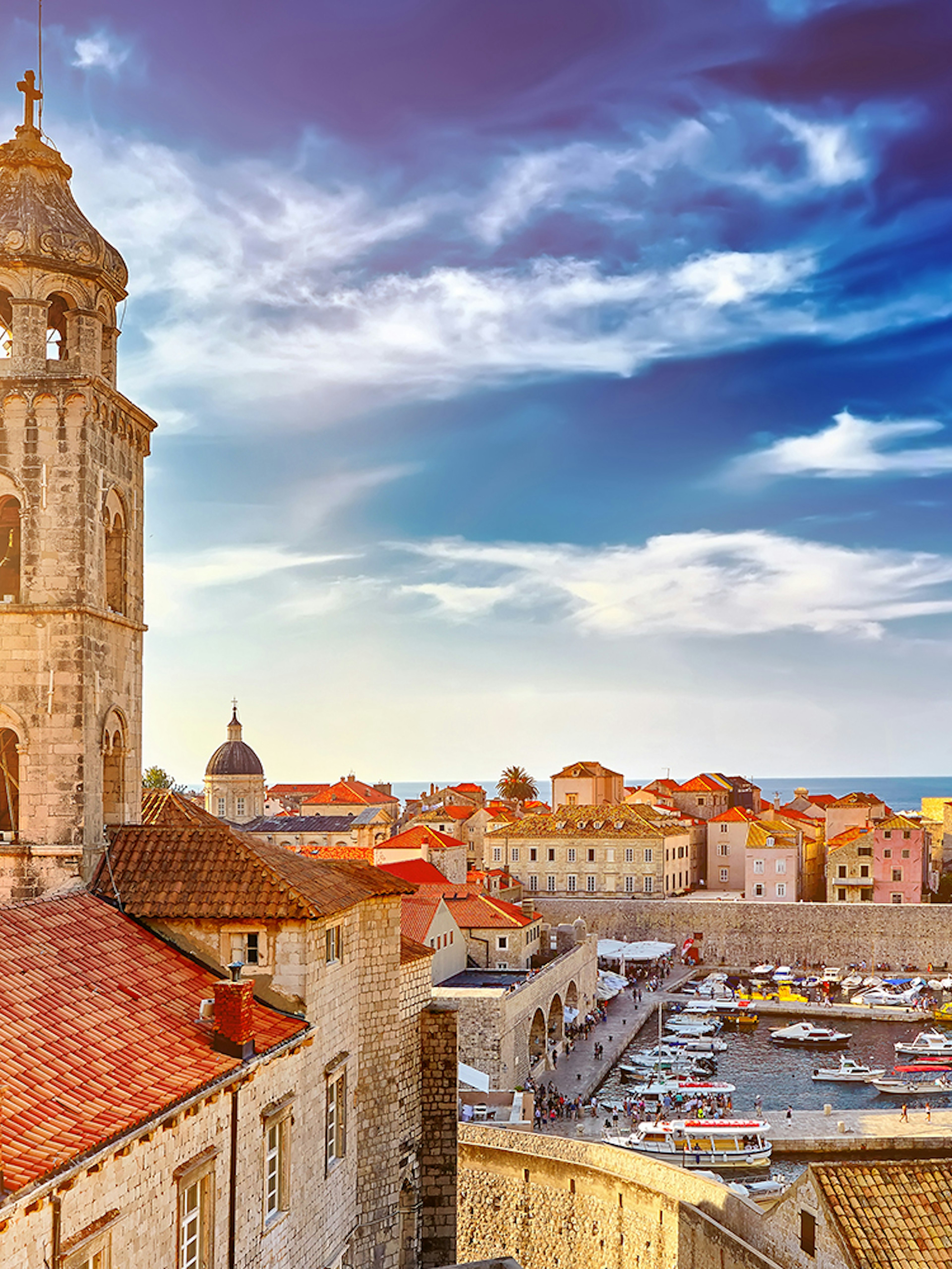Old Town Dubrovnik with bell tower and harbor, featured in Game of Thrones tour.