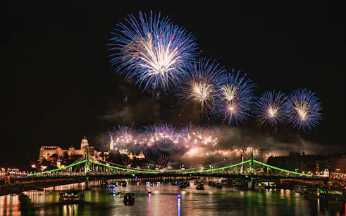 Fireworks over Budapest's Parliament and Danube River during a dinner cruise.