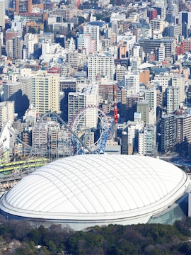 Tokyo Dome City with amusement park rides and cityscape in the background.