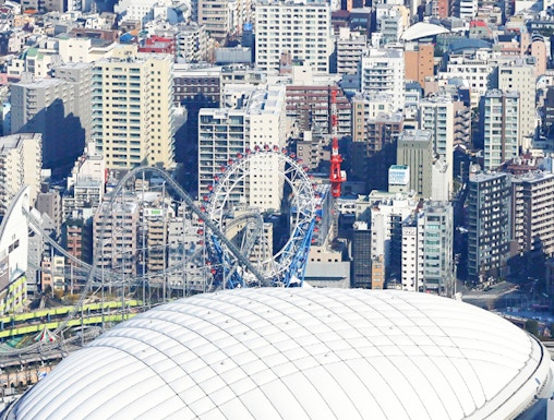 Tokyo Dome City with amusement park rides and cityscape in the background.