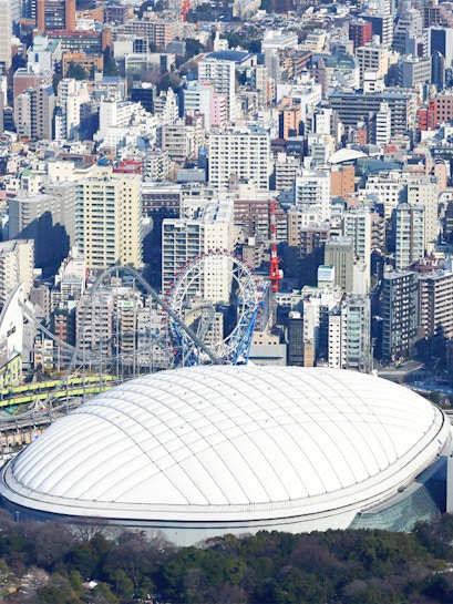 Tokyo Dome City with amusement park rides and cityscape in the background.