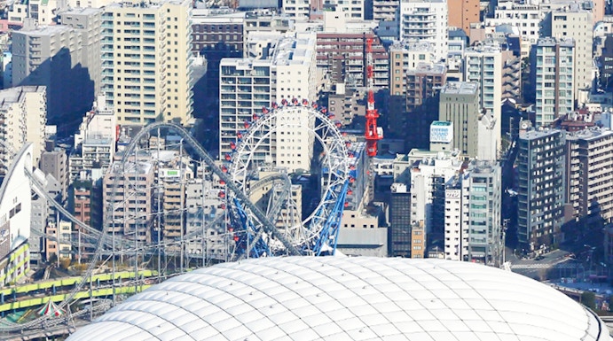 Tokyo Dome City with amusement park rides and cityscape in the background.