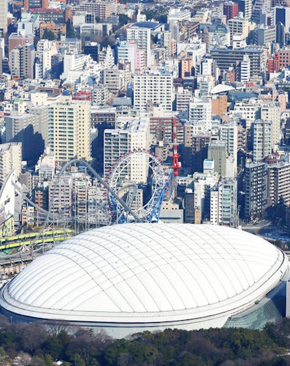Tokyo Dome City with amusement park rides and cityscape in the background.