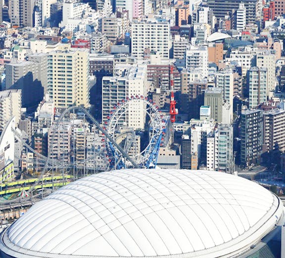 Tokyo Dome City with amusement park rides and cityscape in the background.