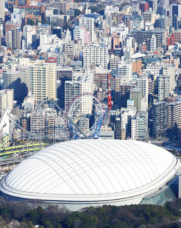 Tokyo Dome City with amusement park rides and cityscape in the background.