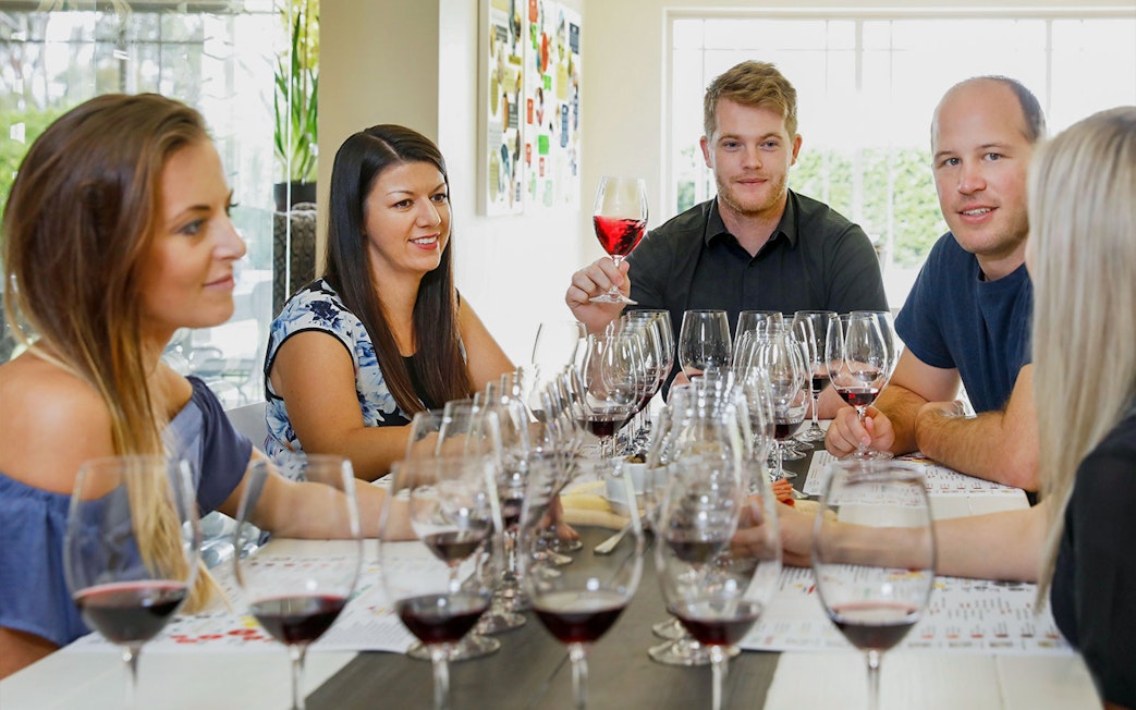 Tulloch Wines tasting with group enjoying wine and cheese in Hunter Valley.