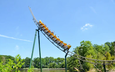 Wakala roller coaster ascending with riders in a lush green park setting.