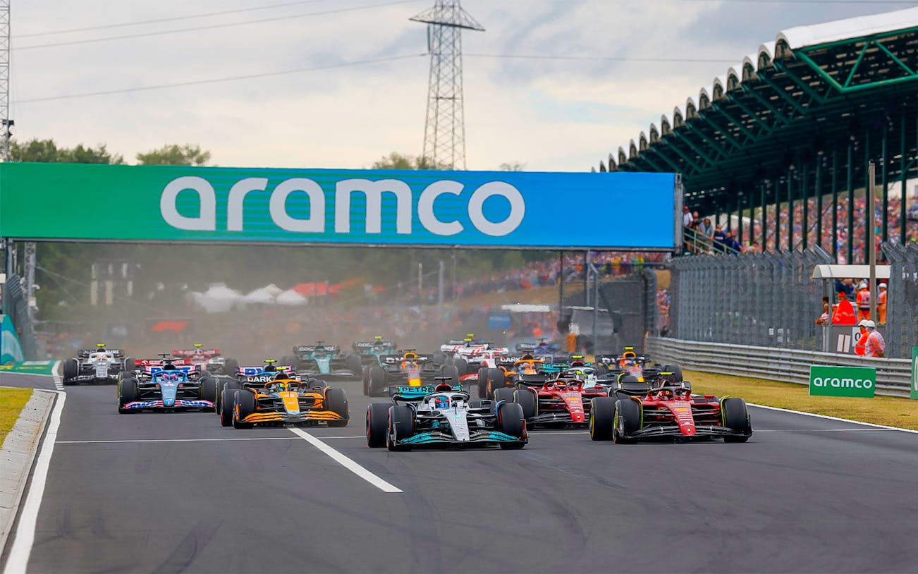 Race cars on track at Formula 1 Hungarian Grand Prix, Budapest.