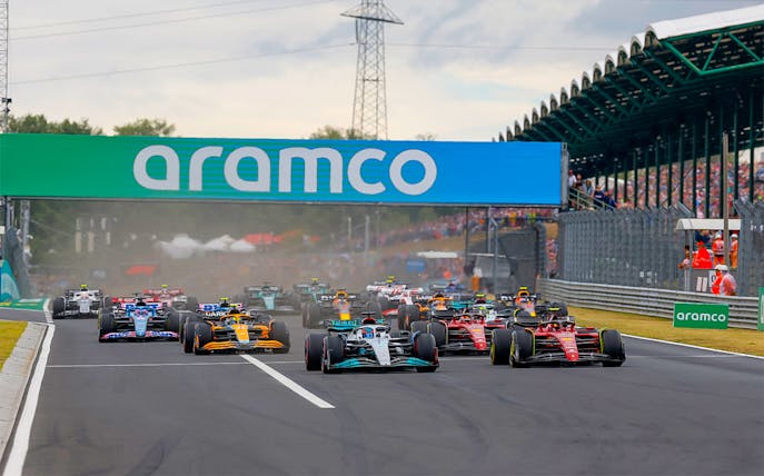 Race cars on track at Formula 1 Hungarian Grand Prix, Budapest.