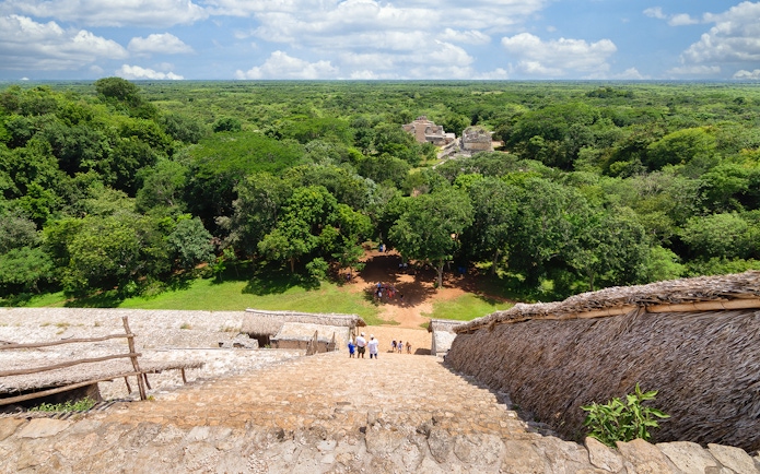View from La Torre at Ek Balam Archaeological Site, overlooking Yucatan jungle and ruins.