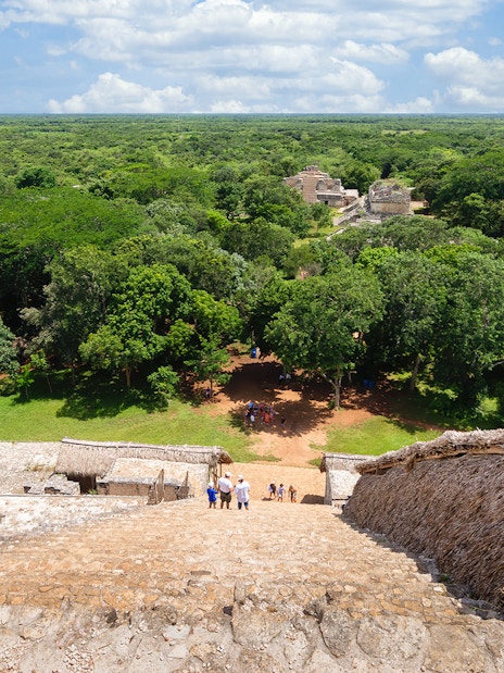 View from La Torre at Ek Balam Archaeological Site, overlooking Yucatan jungle and ruins.