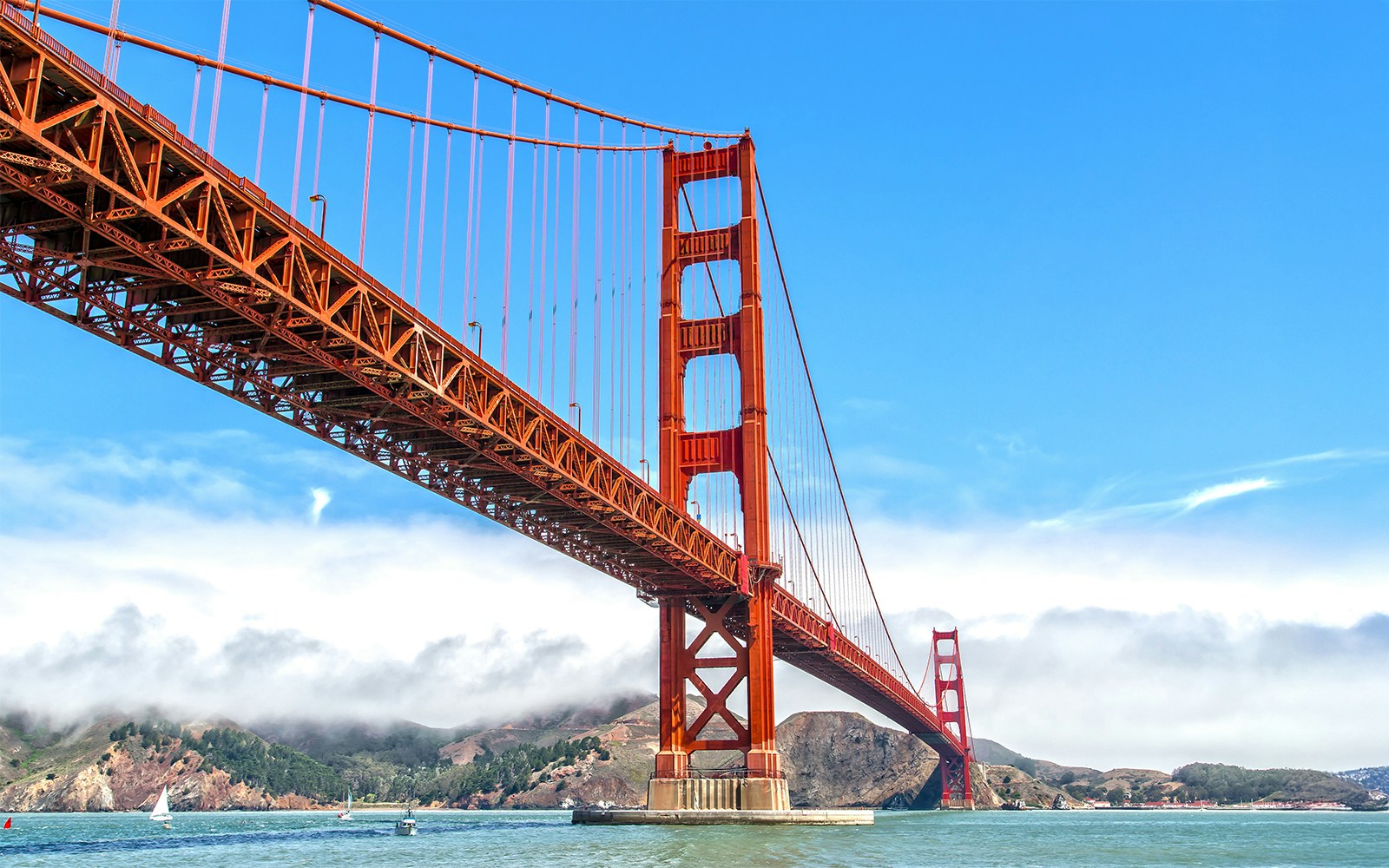 Golden Gate Bridge view from a ferry in San Francisco with hills in the background.