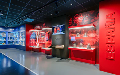 Trophy displays and exhibits inside the Rafa Nadal Museum in Spain.
