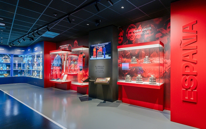 Trophy displays and exhibits inside the Rafa Nadal Museum in Spain.