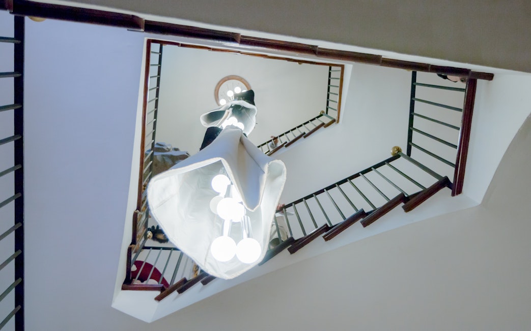 Staircase view with unique chandelier inside Salvador Dalí Museum, Figueres.