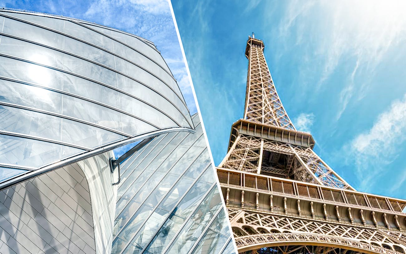 Modern glass architecture and Eiffel Tower in Paris, France.
