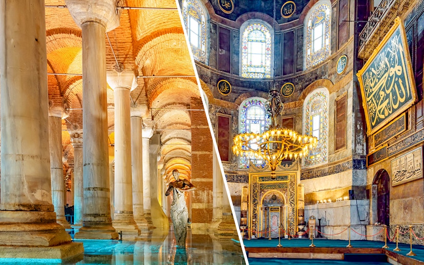 Basilica Cistern columns and Hagia Sophia interior with chandeliers, Istanbul.