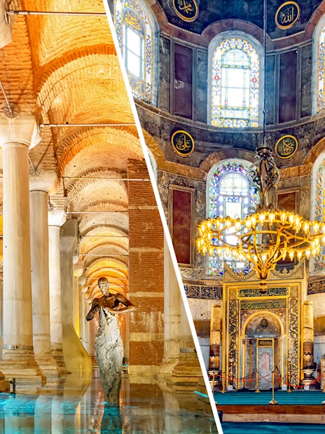 Basilica Cistern columns and Hagia Sophia interior with chandeliers, Istanbul.