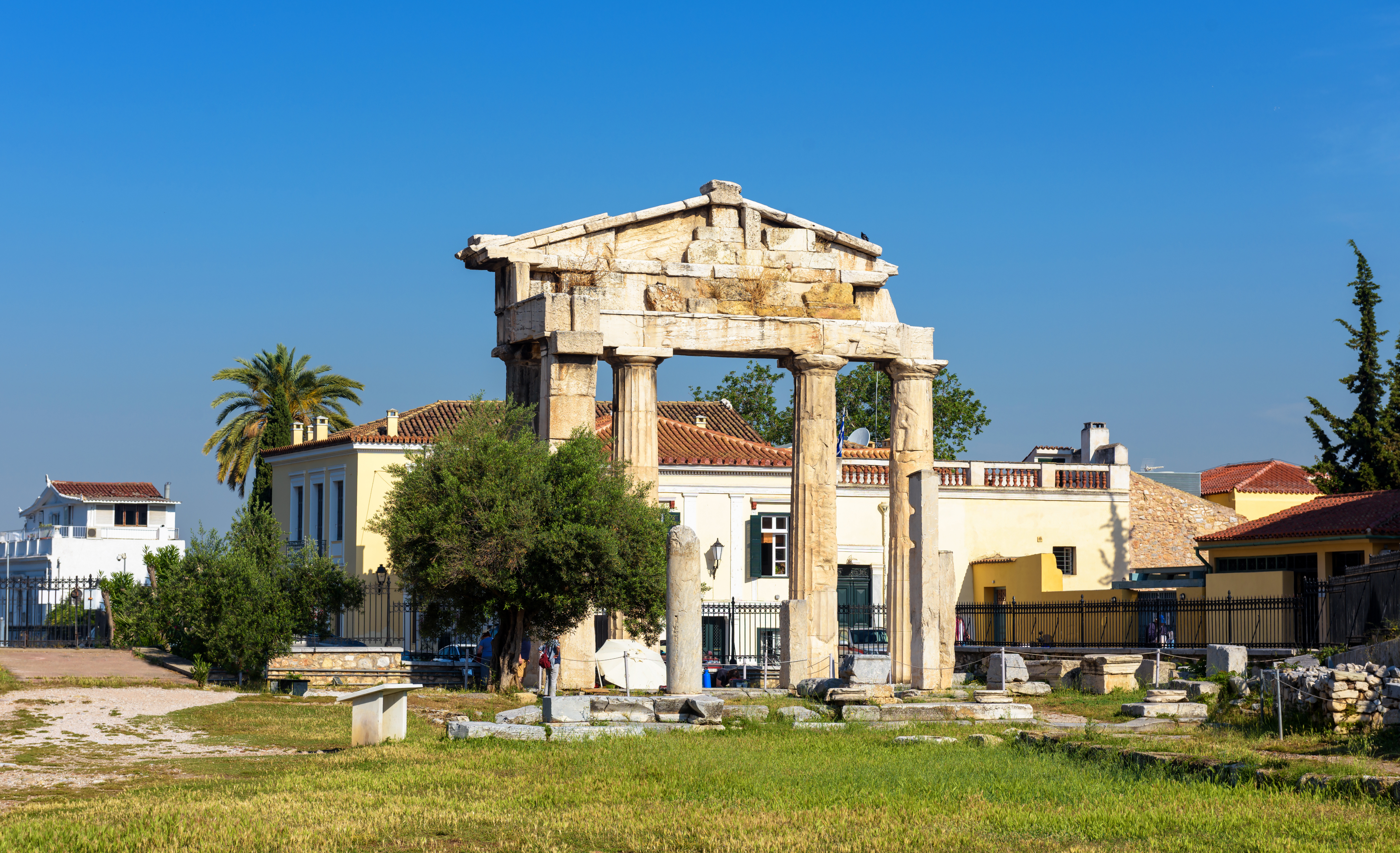 Ancient Greek ruins with columns in Roman Agora, Athens.