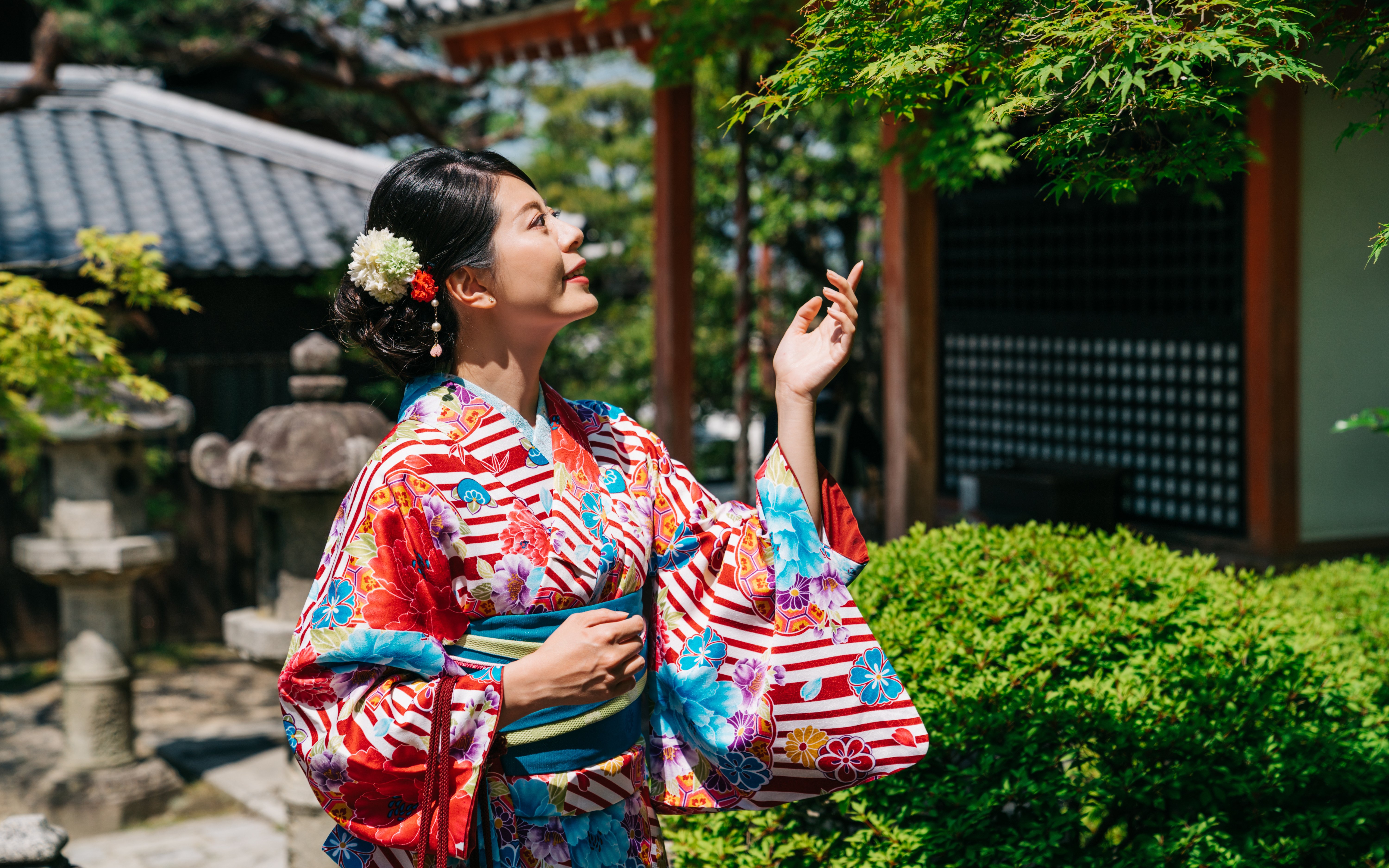 Japanese woman in kimono admiring tree in traditional garden.