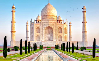 Taj Mahal with reflecting pool, part of Skip the Line Taj Mahal and Agra Fort Tour from Delhi.