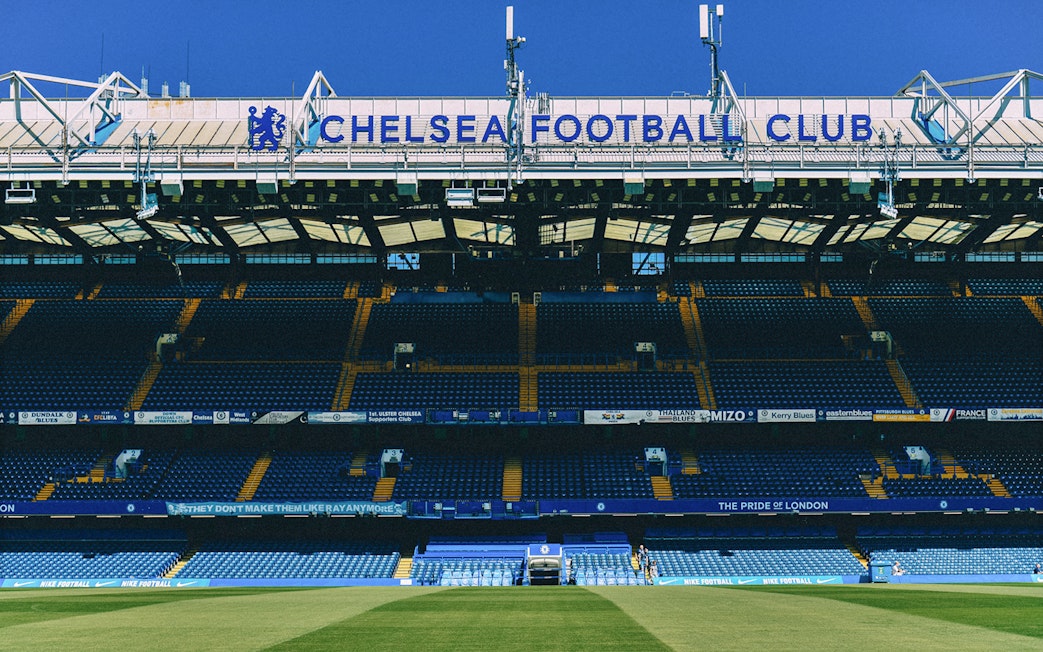 Chelsea FC Stadium seating and field view, London.