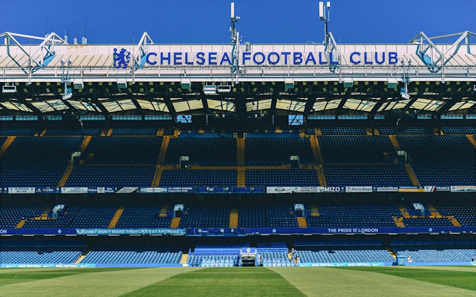Chelsea FC Stadium seating and field view, London.