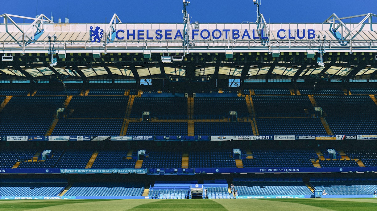 Chelsea FC Stadium seating and field view, London.