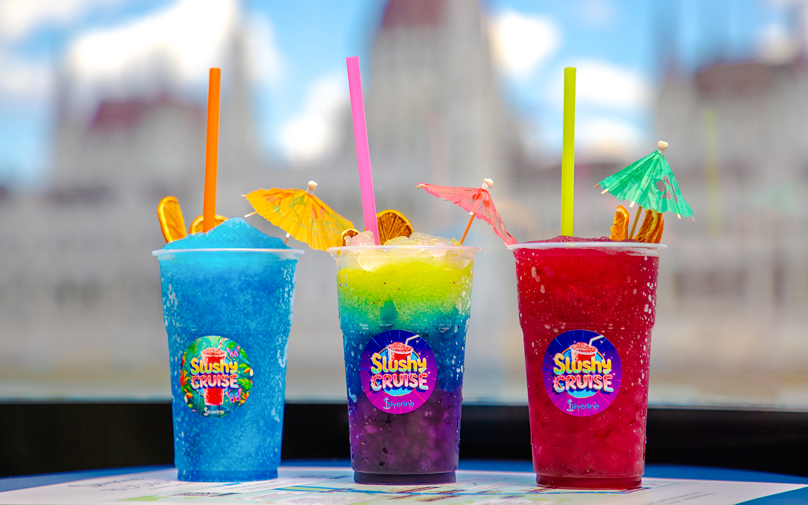 Slushies with umbrellas on Budapest Danube River sightseeing cruise.