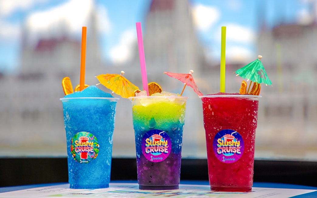 Slushies with umbrellas on Budapest Danube River sightseeing cruise.