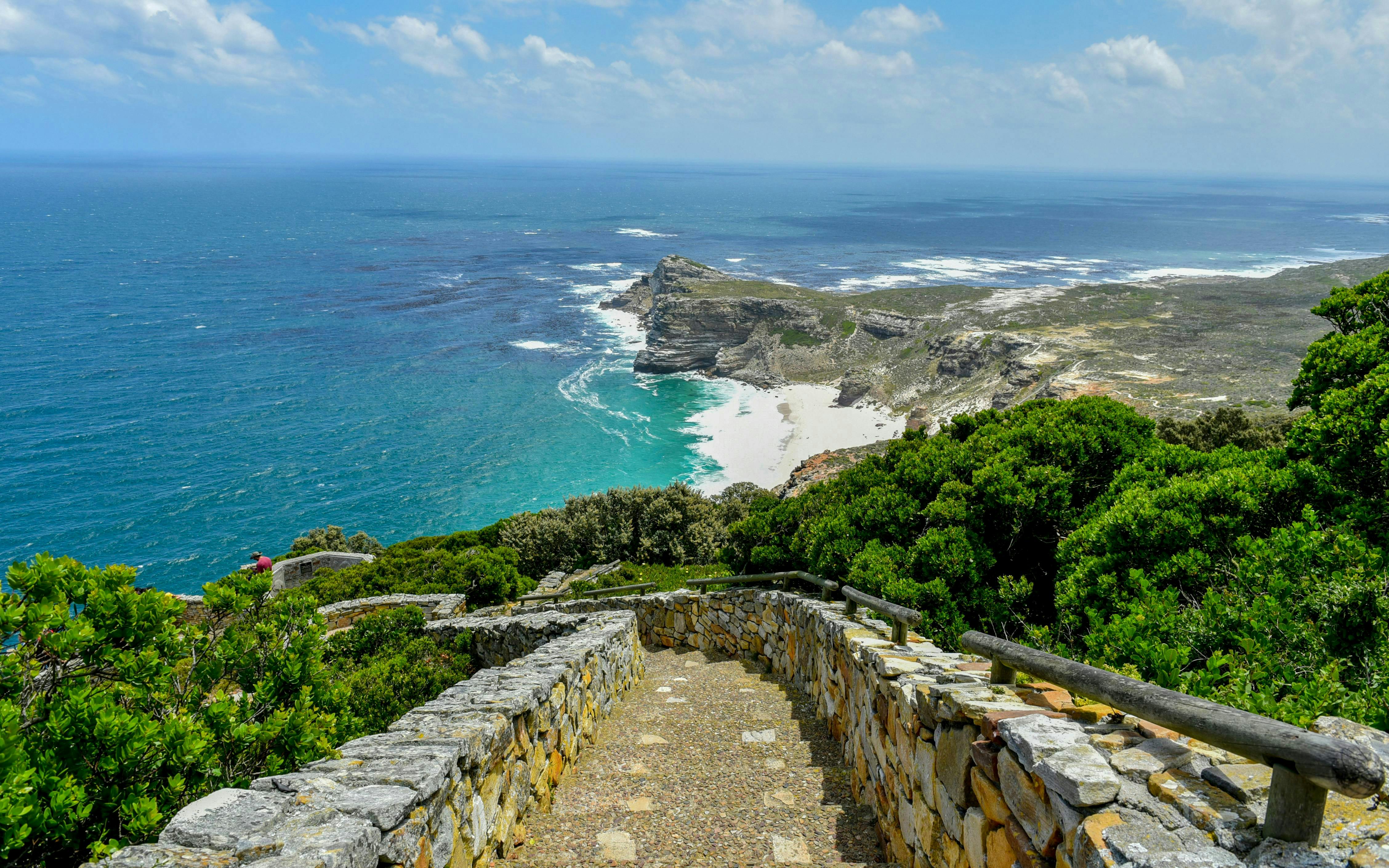 Stone path leading to Cape of Good Hope with ocean view, Cape Point, Cape Town, South Africa.