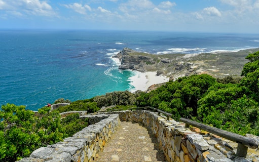 Stone path leading to Cape of Good Hope with ocean view, Cape Point, Cape Town, South Africa.