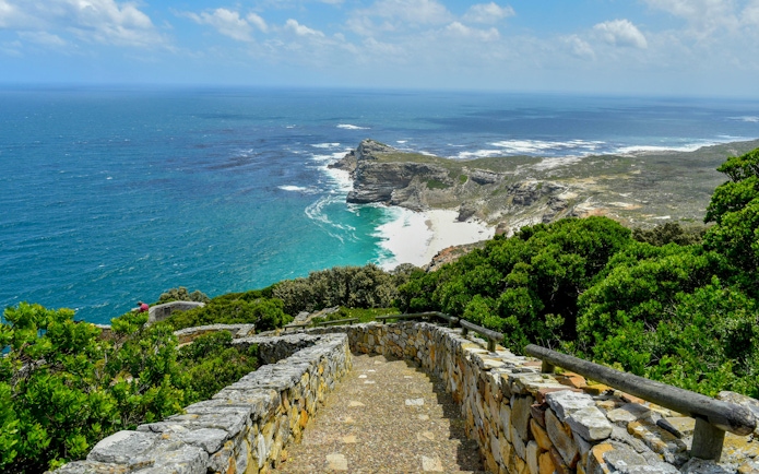 Stone path leading to Cape of Good Hope with ocean view, Cape Point, Cape Town, South Africa.