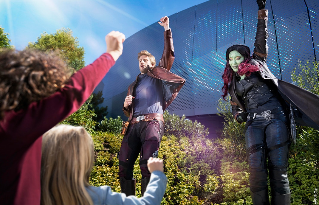 Guardians of the Galaxy dance challenge at Disneyland with costumed characters on stage.