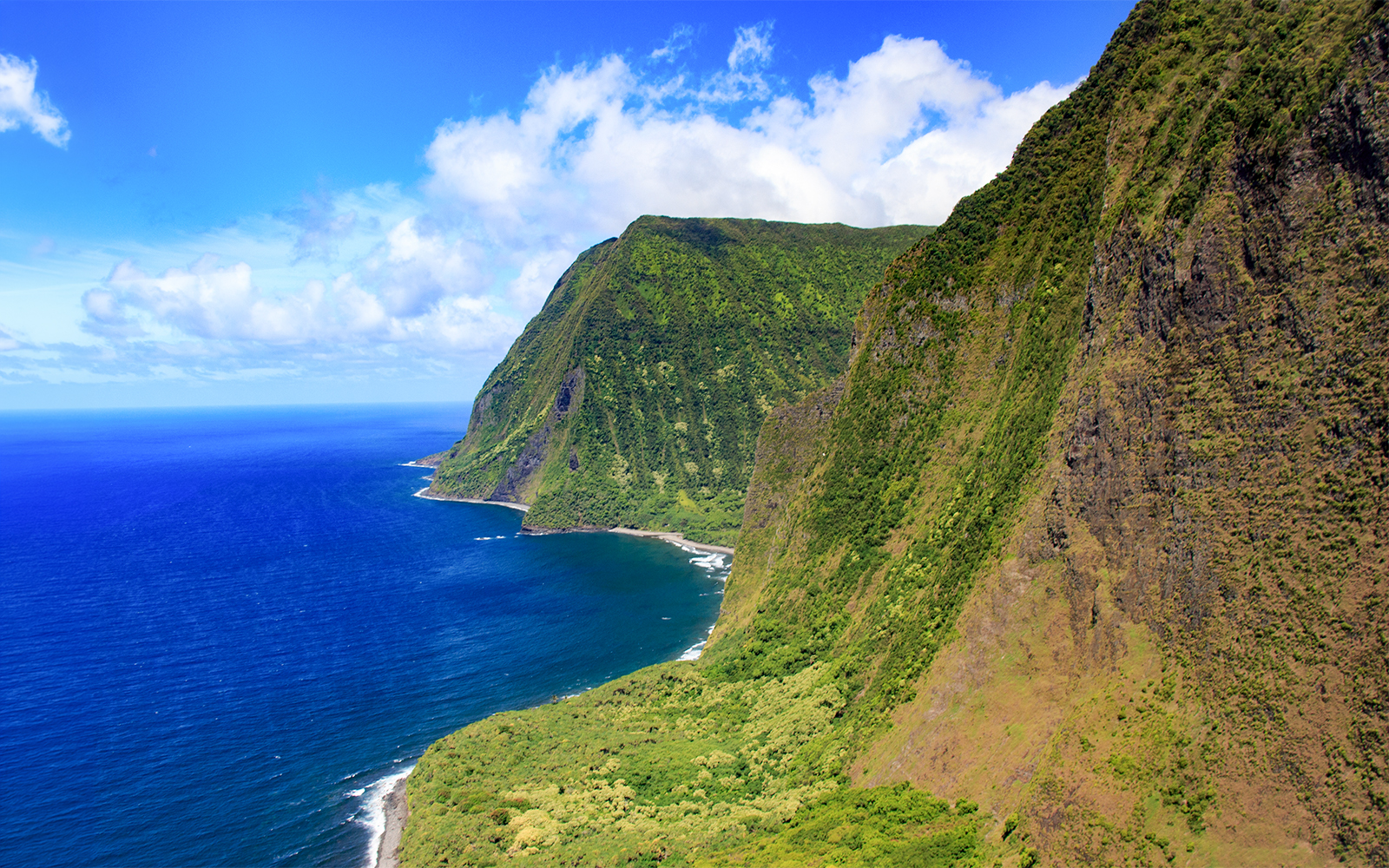 Aerial view of lush cliffs and ocean on a helicopter tour over Maui, Hawaii.