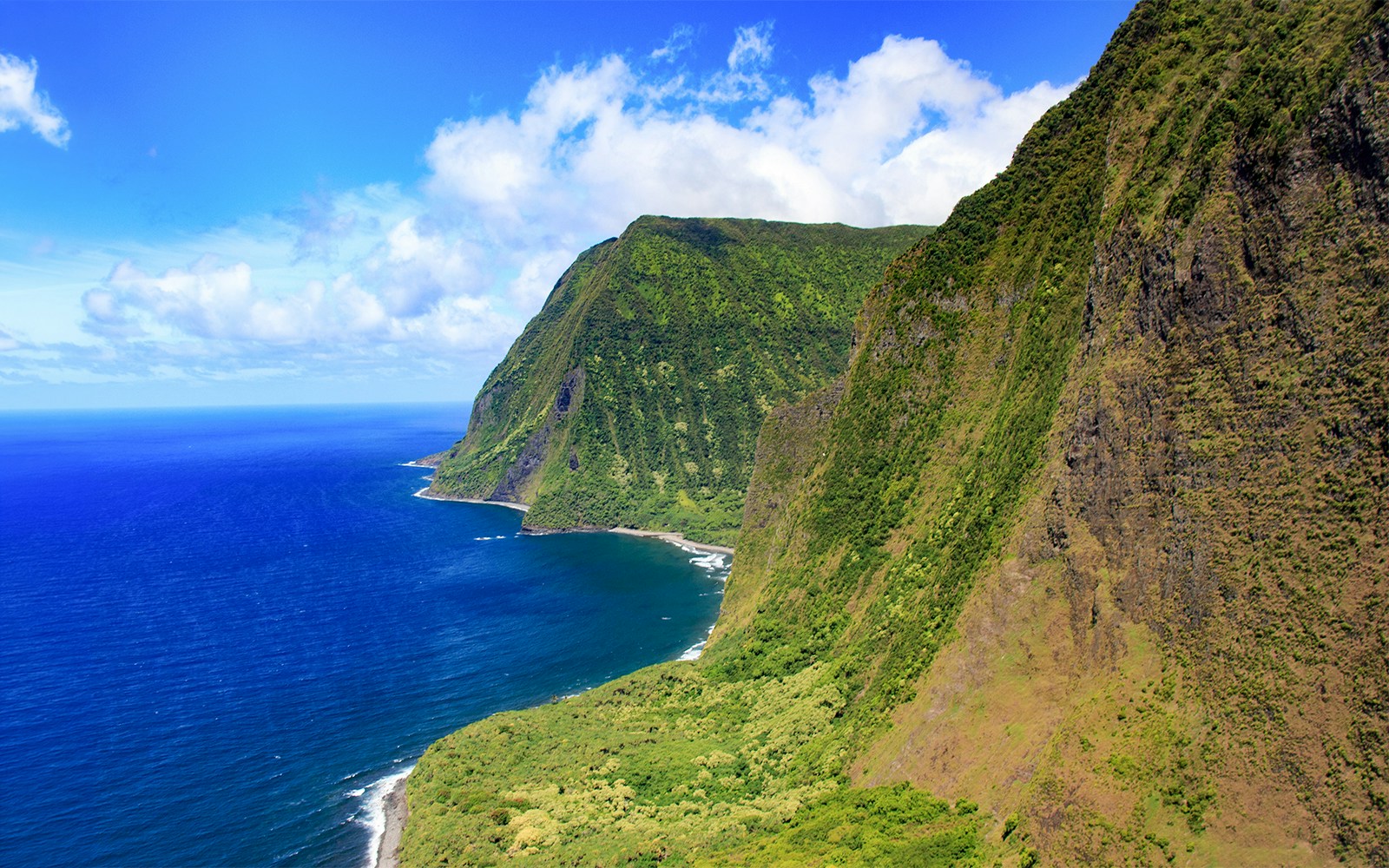 Aerial view of lush cliffs and ocean on a helicopter tour over Maui, Hawaii.