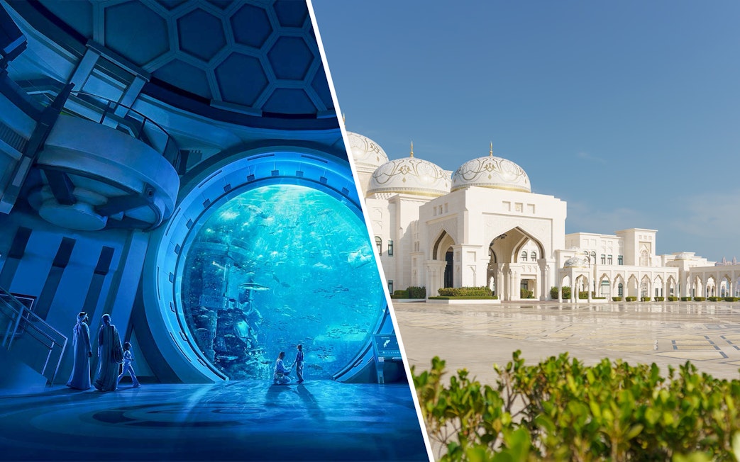 SeaWorld Abu Dhabi aquarium interior and Qasr Al Watan exterior in Abu Dhabi.