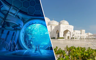 SeaWorld Abu Dhabi aquarium interior and Qasr Al Watan exterior in Abu Dhabi.