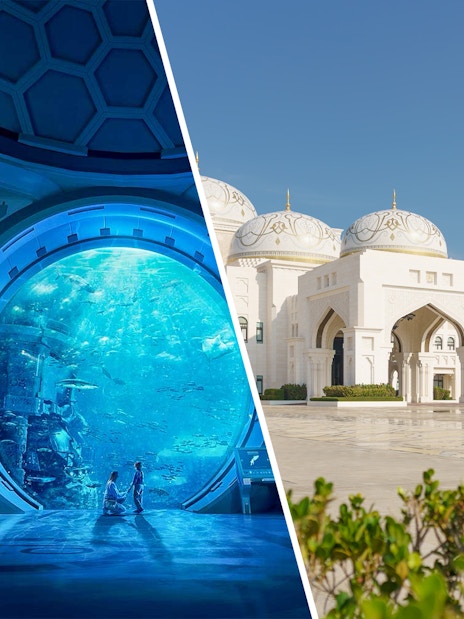 SeaWorld Abu Dhabi aquarium interior and Qasr Al Watan exterior in Abu Dhabi.