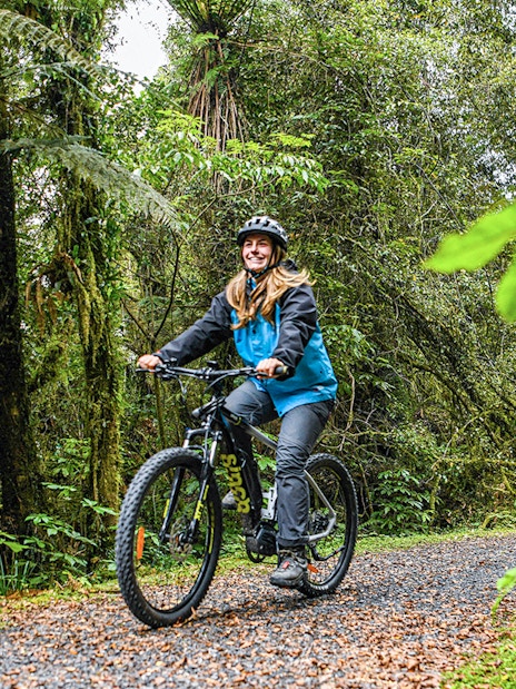Tour group biking through lush forest trail in Fox Glacier Valley.