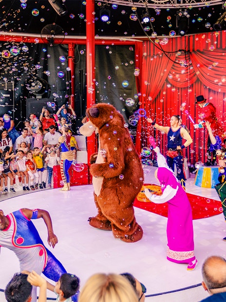 Masha and the Bear performing at The Land of Legends theme park circus show.