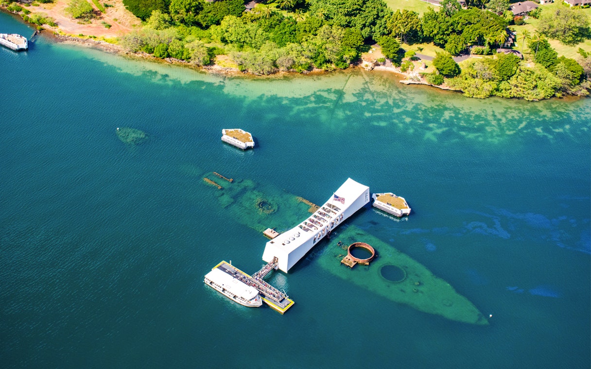 Aerial view of USS Arizona Memorial at Pearl Harbor, Honolulu, Oahu, Hawaii.