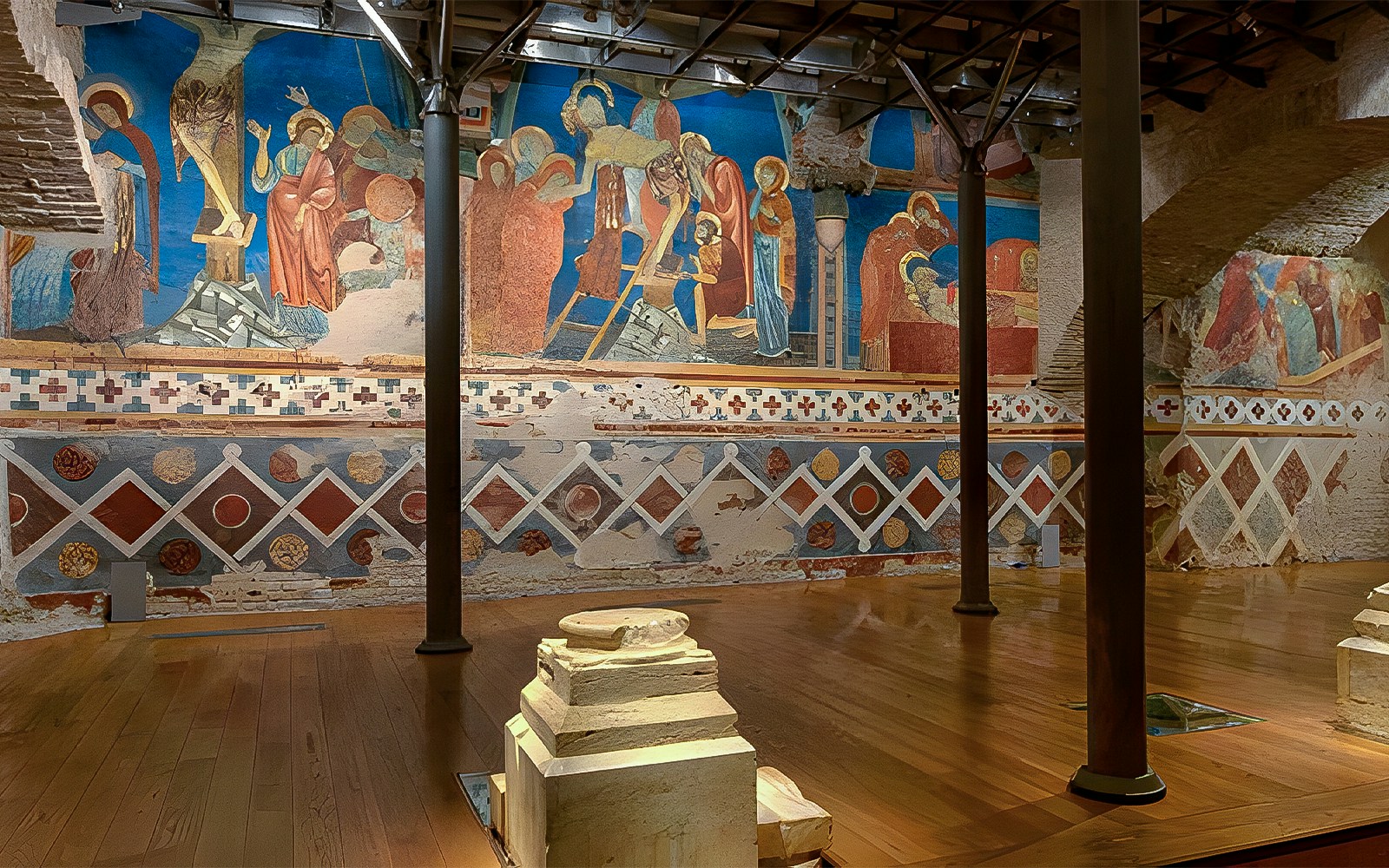 Frescoes inside Siena Cathedral depicting religious scenes, Italy.