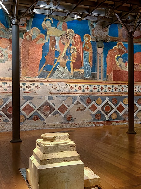 Frescoes inside Siena Cathedral depicting religious scenes, Italy.